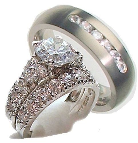 Cheap Wedding Ring Sets His And Hers
 White Gold Over Sterling Silver His & Hers 3 Piece