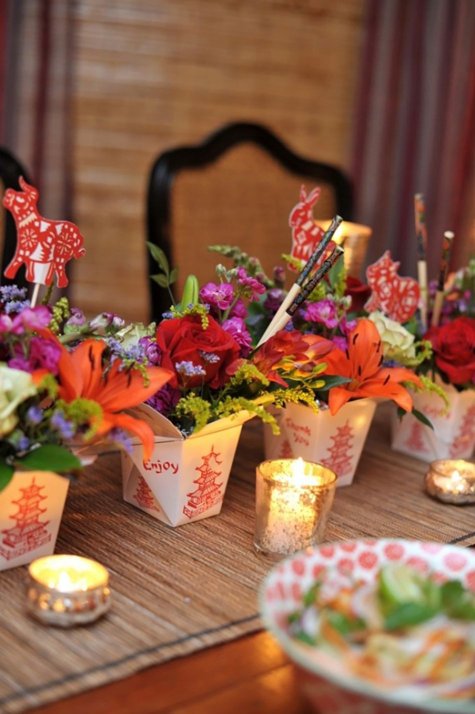 Chinese New Year Party Ideas
 Takeaway boxes used as pots for flowers