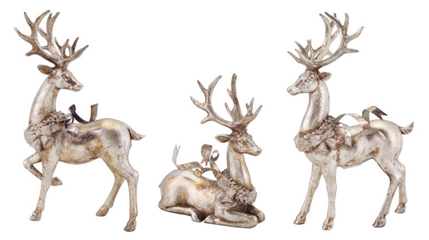 Christmas Deer Decor
 Set of 3 Distressed Silver Reindeer with Wreath Table Top