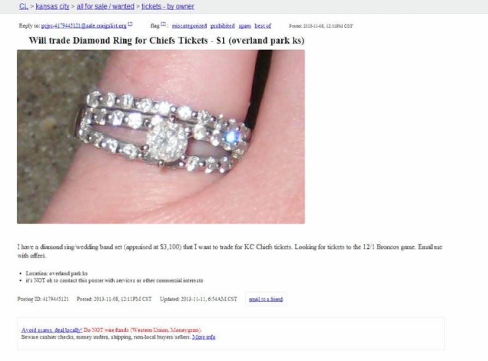Craigslist Wedding Rings
 Woman trades wedding rings on Craigslist for football
