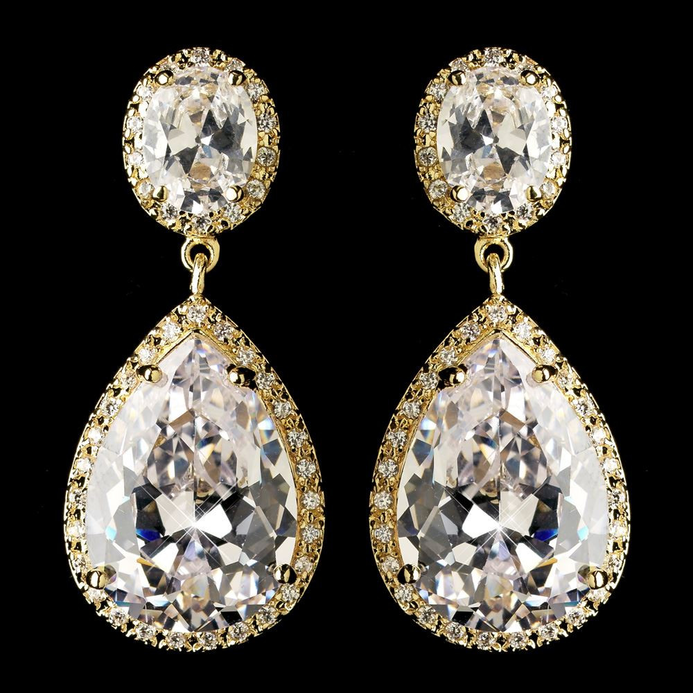 Crystal Teardrop Earrings
 Gold Clear Teardrop CZ Crystal Drop Earrings 9737