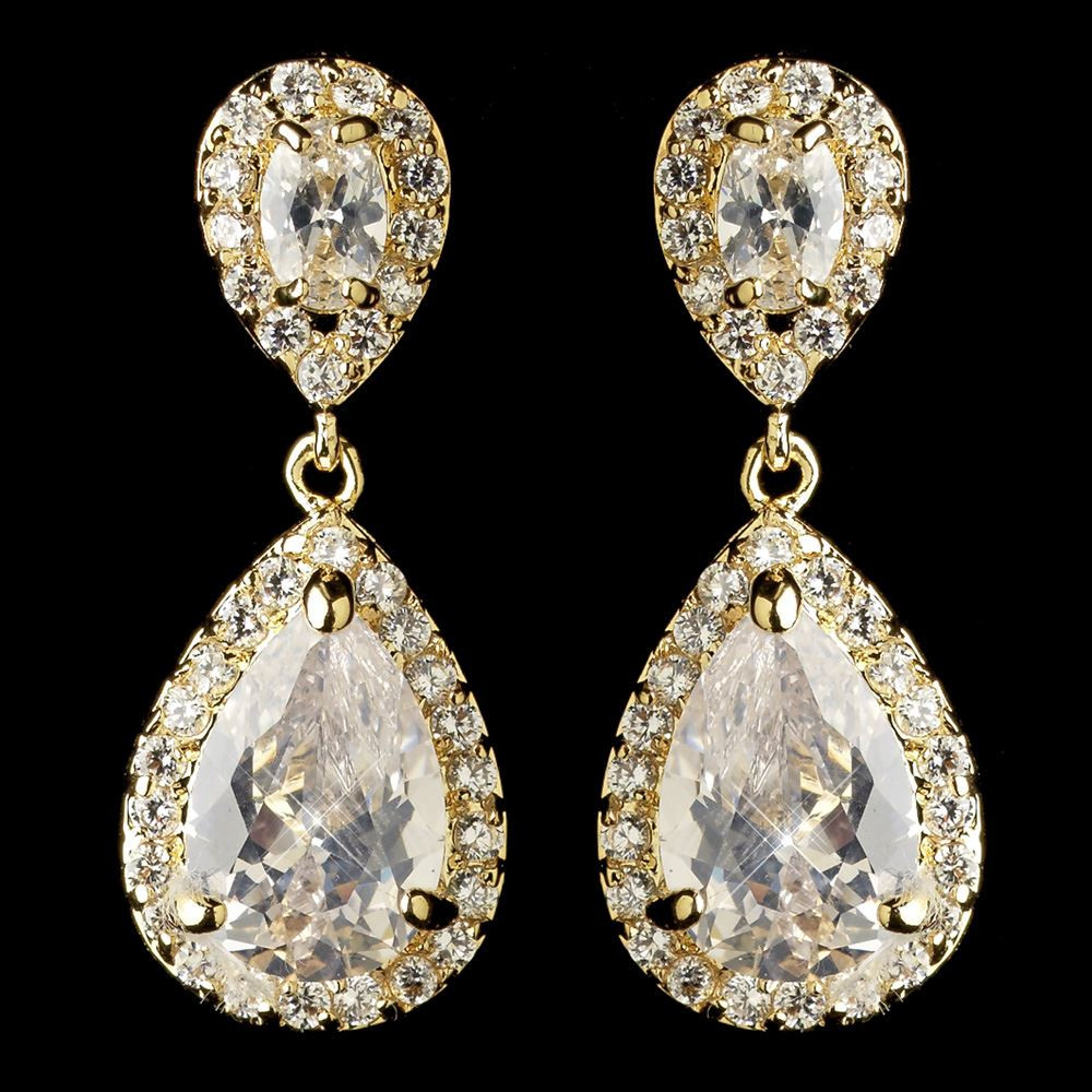 Crystal Teardrop Earrings
 Gold Clear Oval & Teardrop CZ Crystal Drop Earrings 7761