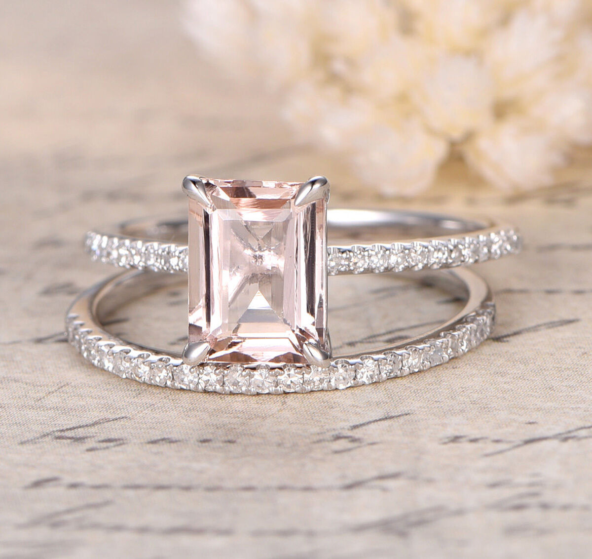 Diamond Band Engagement Ring
 Claw Prongs 6x8mm Emerald Cut Morganite Pave Diamonds Ring