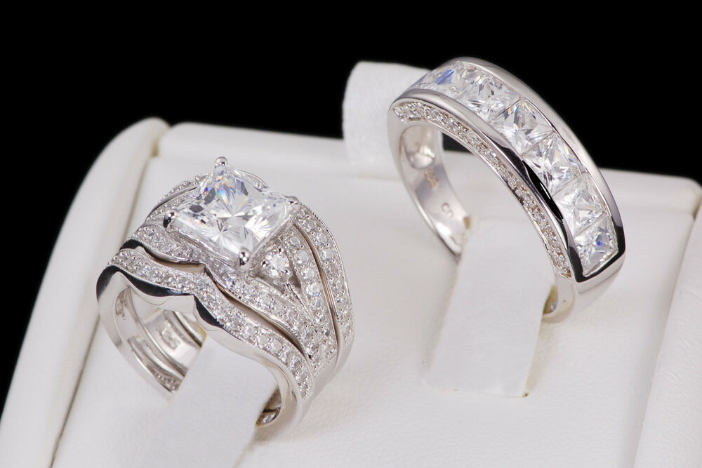 Ebay White Gold Wedding Rings
 His & Hers 14k White Gold 925 Sterling Silver Wedding Band