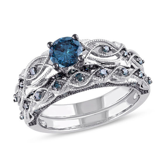 Engagement Rings Blue Diamond
 1 CT T W Enhanced Blue Diamond Vintage Style Bridal Set