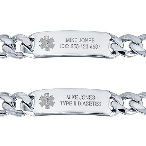 Engraved Medical Alert Bracelet
 Men’s Heavy Sterling Silver Medical Alert ID Bracelet