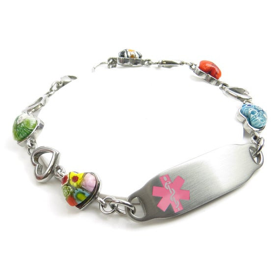 Engraved Medical Alert Bracelet
 Womens Medical Alert Bracelet Engraved Murano Glass Hearts