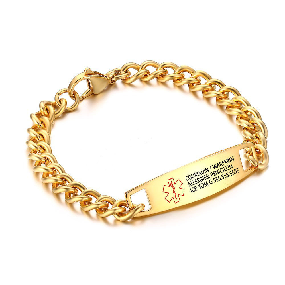 Engraved Medical Alert Bracelet
 Custom Gift For Men Engrave Gold Plated Medical Bracelet
