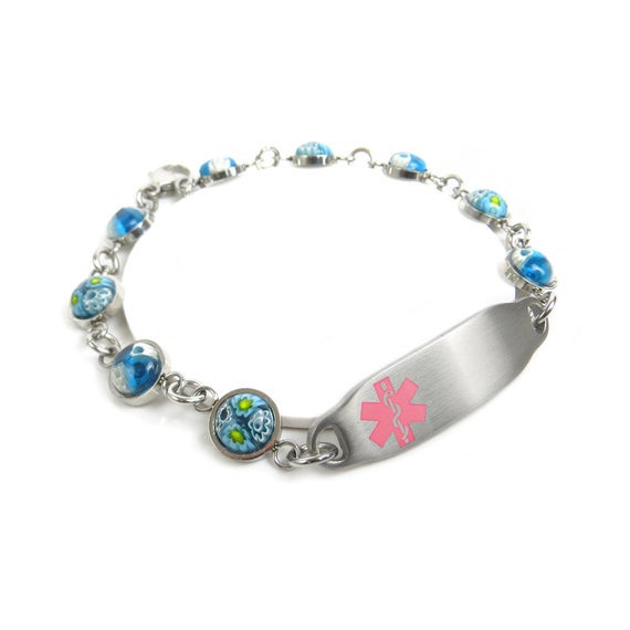 Engraved Medical Alert Bracelet
 Womens Medical Alert Bracelet Engraved Blue Round Glass Pink