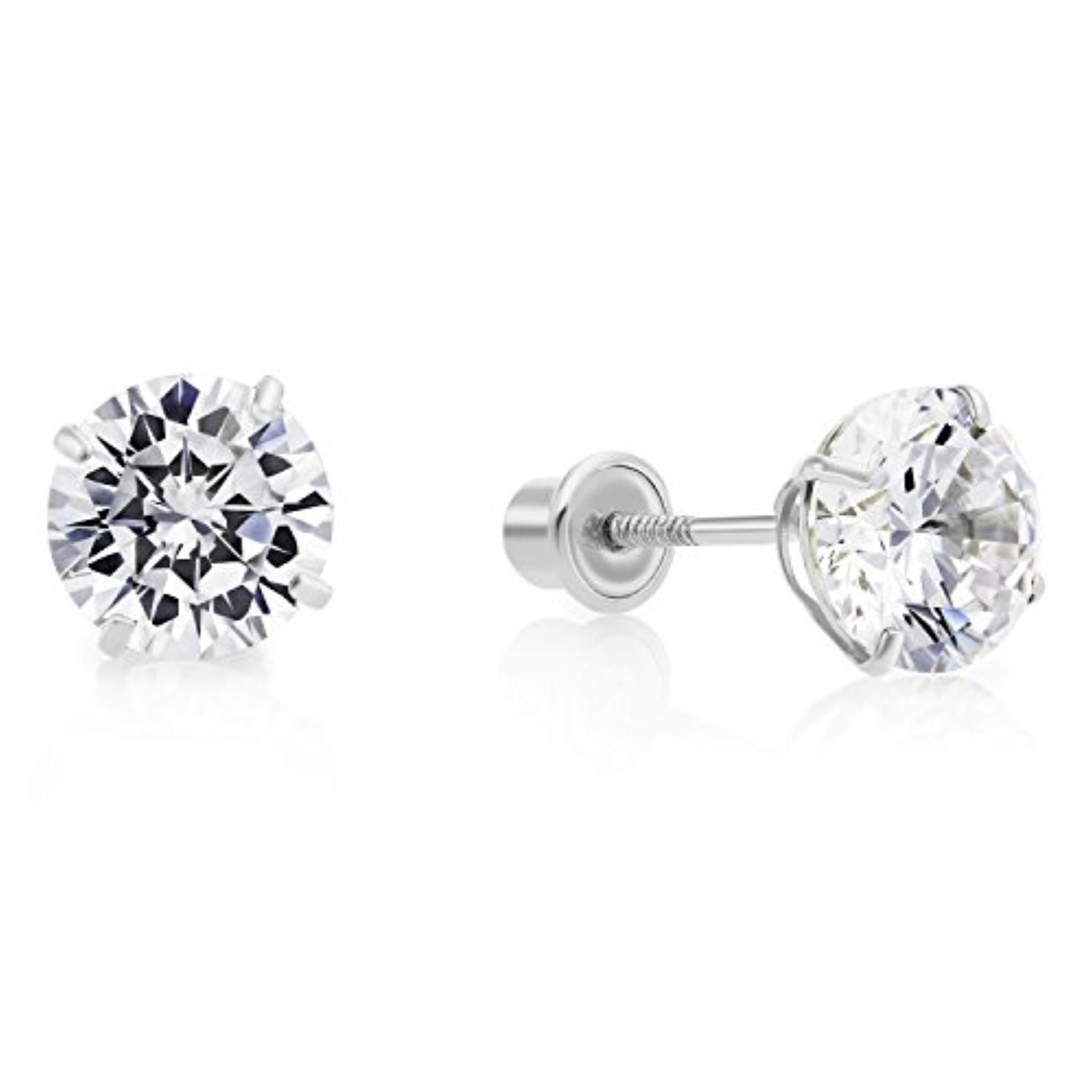 Gold Screw Back Earrings
 14k White Gold Cubic Zirconia CZ Solitaire Screw Back Stud