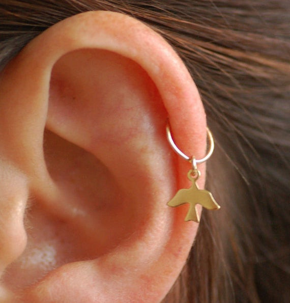 Helix Hoop Earrings
 Items similar to Helix hoop tiny bird gold hoop