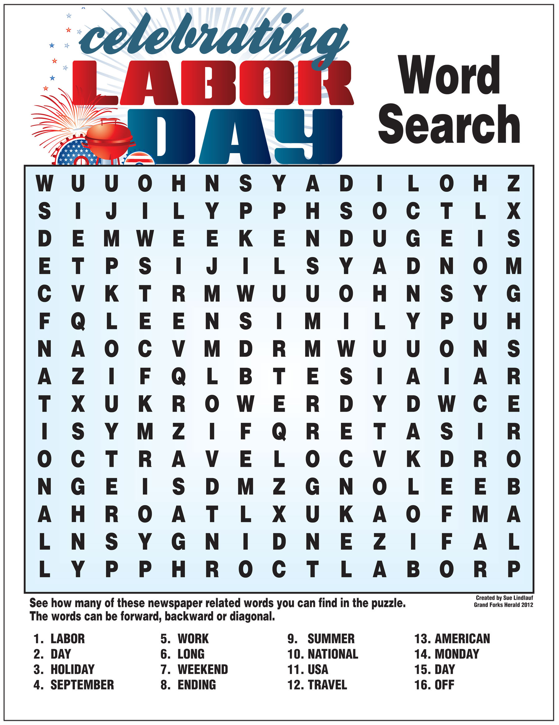 Labor Day Activities
 word search