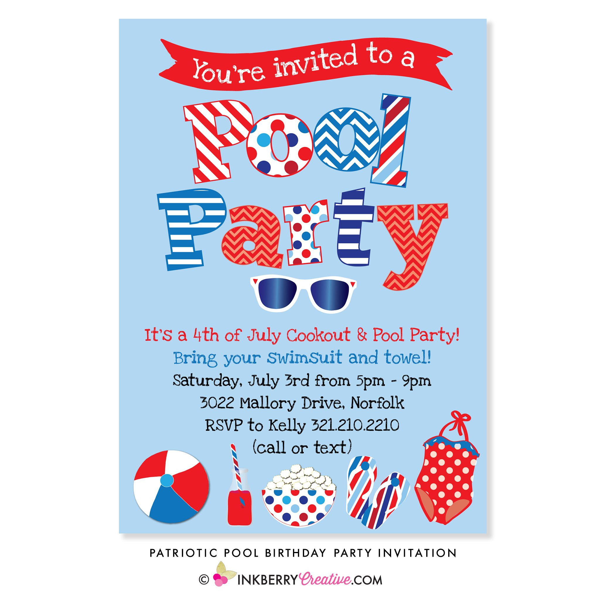 Memorial Day Party Invitations
 Patriotic Pool Swimming Birthday Party Invitation Red