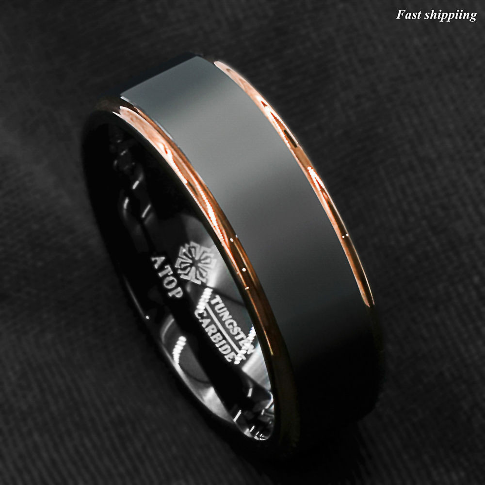 Mens Wedding Rings Black
 Tungsten Carbide ring rose gold black brushed Wedding Band