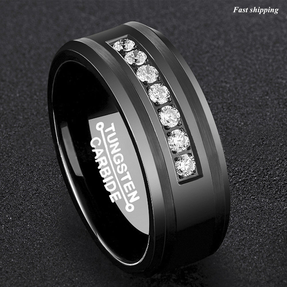 Mens Wedding Rings Black
 8Mm Black Tungsten Carbide Ring Diamonds Inlay fort Fit