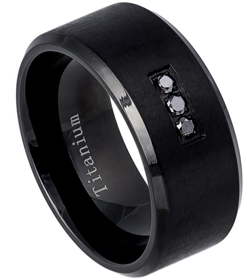 Mens Wedding Rings Black
 10mm Titanium Ring Men Wedding Band Matte Black w Three 0
