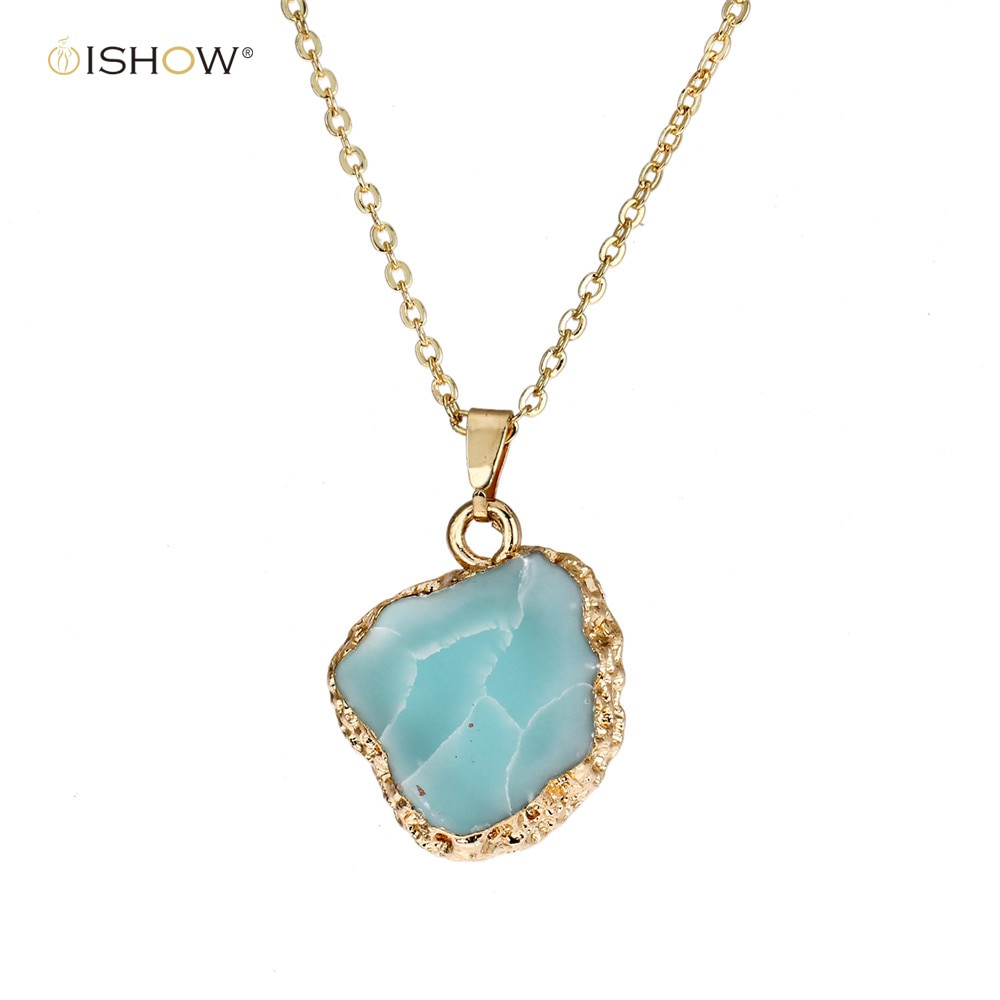 Necklace With Blue Stone
 Irregular Blue Stone Gold Necklace Copper Chain Necklace