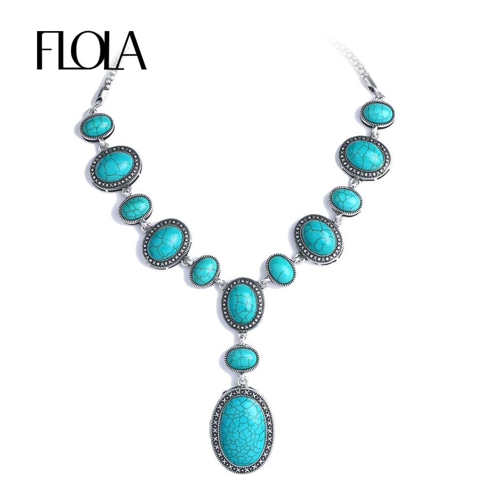 Necklace With Blue Stone
 FLOLA Vintage Blue Stone Necklaces Pendants Big Long Y