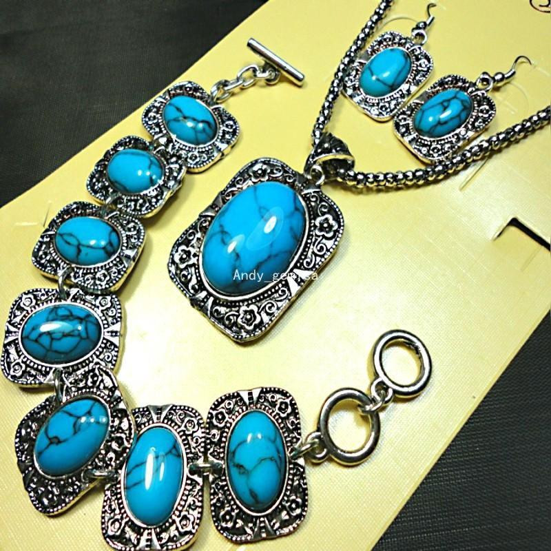 Necklace With Blue Stone
 Antique Silver blue stone Jewelry Set Bracelet Earrings