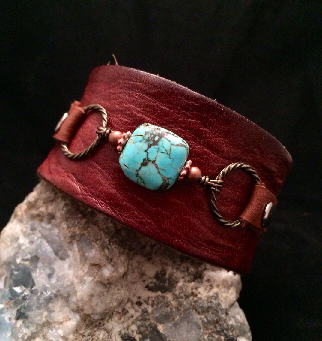 One Of A Kind Bracelet
 Handmade one of a kind leather cuff bracelet with turquoise