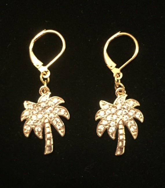 Palm Tree Earrings
 Gold Rhinestone Palm Tree Earrings