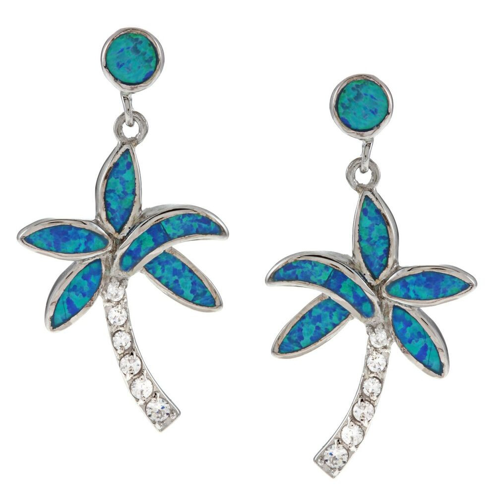 Palm Tree Earrings
 Sterling Silver Blue Opal & CZ Palm Tree Earrings