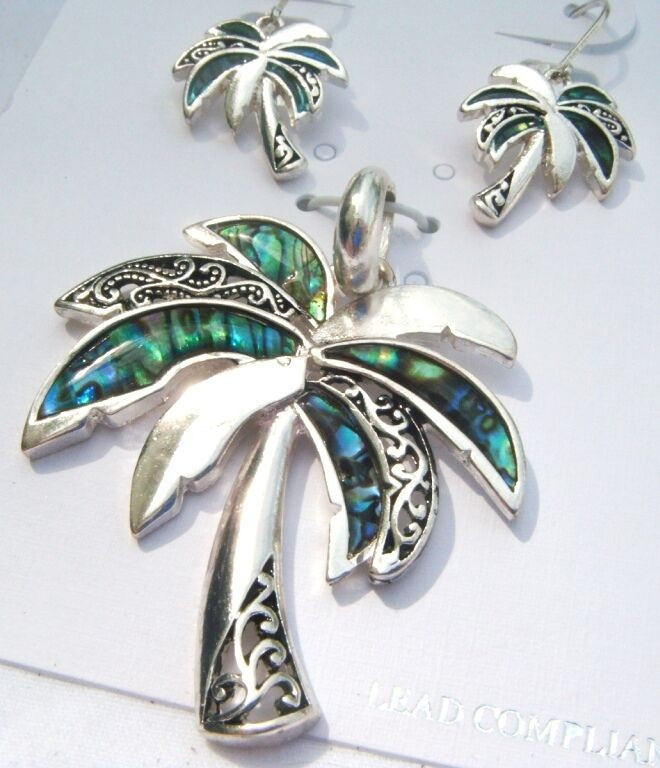 Palm Tree Earrings
 Shades of Green Abalone PALM TREE Pendant Earrings