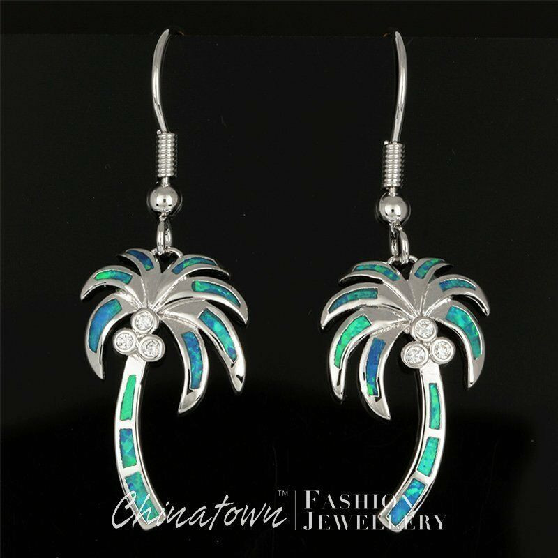 Palm Tree Earrings
 Palm Tree Ocean Blue Fire Opal Inlay CZ Silver Jewelry