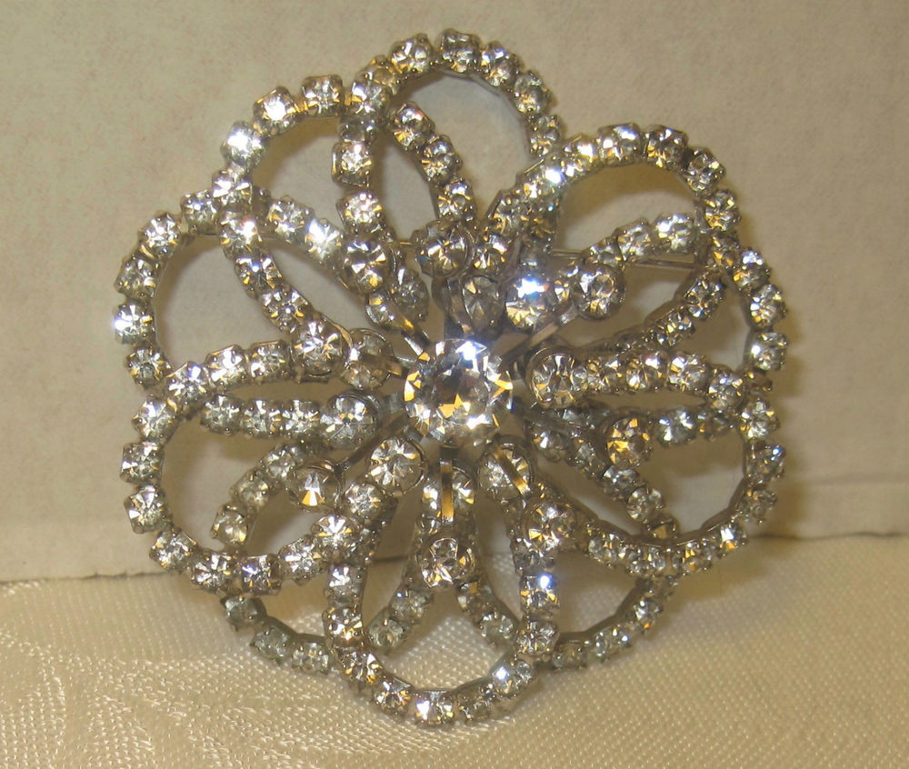 Pins Jewelry Rhinestone Flower Sunburst Silvertone Pin Brooch