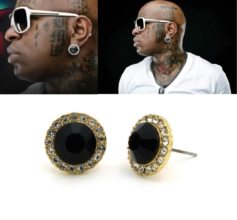 Real Gold Earrings For Men
 MENS HIP HOP GOLD & BLACK ONYX CUBIC ZIRCONIA ROUND STUD