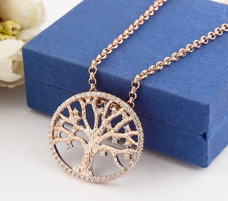 Rose Gold Necklace
 18K Rose Gold Filled Tree of Life Inlay Crystal Charm