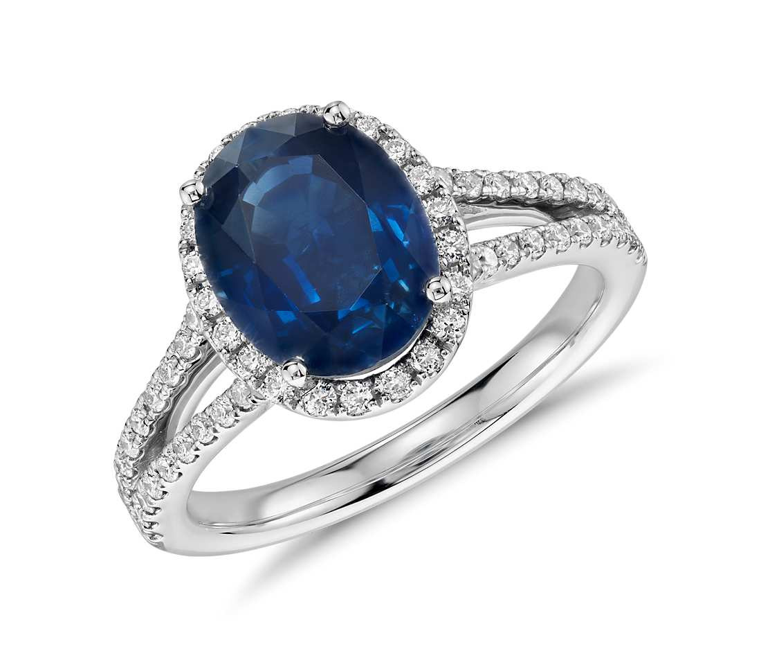 Sapphire Diamond Engagement Ring
 Oval Sapphire and Diamond Halo Split Shank Ring in 18k