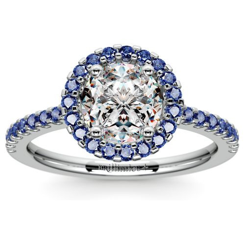 Sapphire Diamond Engagement Ring
 Halo Sapphire Gemstone Engagement Ring with Side Stones in