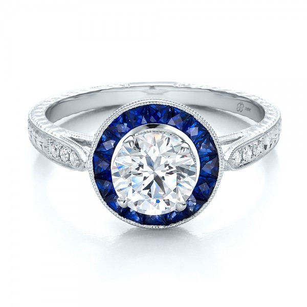 Sapphire Diamond Engagement Ring
 Art Deco Style Blue Sapphire Halo and Diamond Engagement