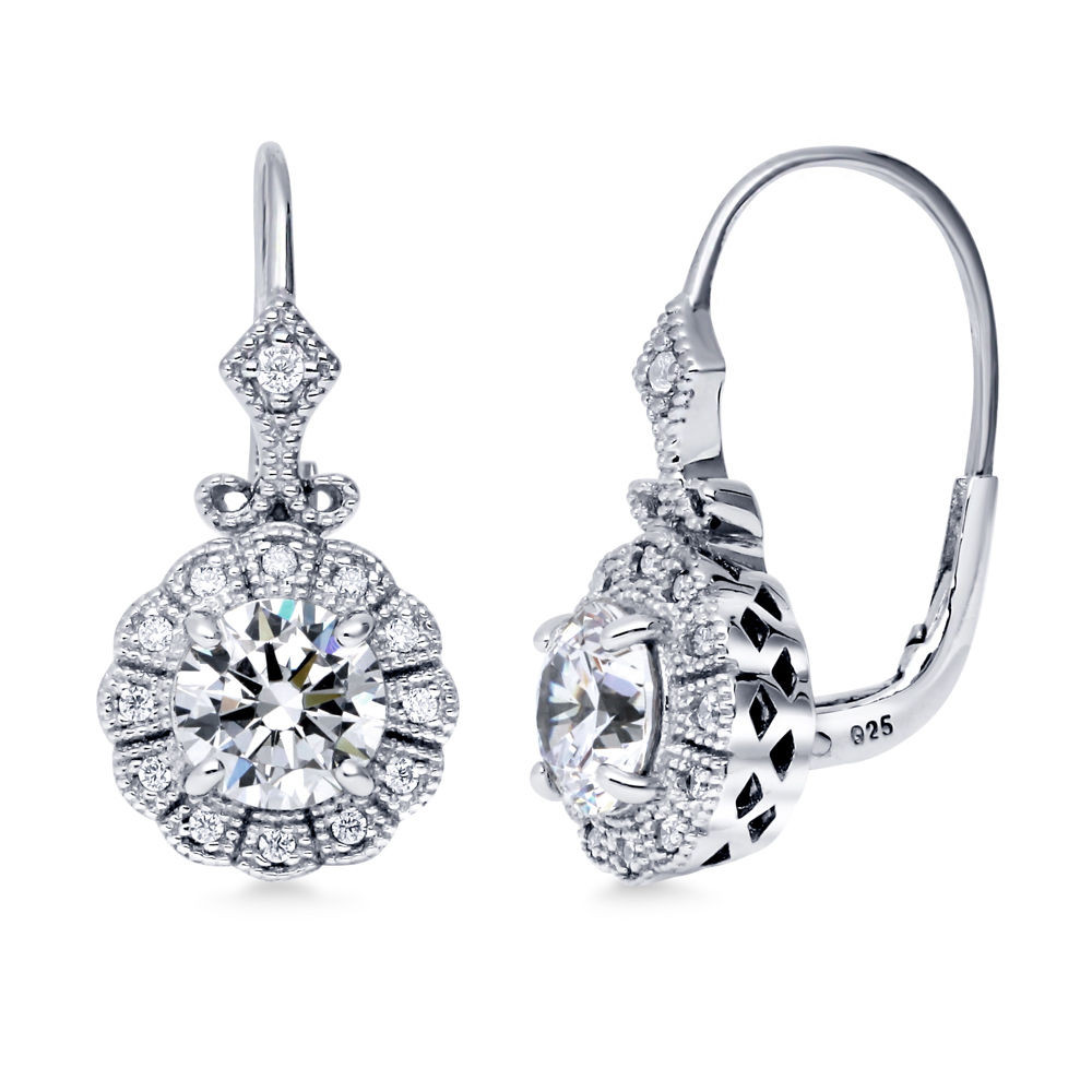 Silver Diamond Earrings
 BERRICLE Sterling Silver CZ Milgrain Art Deco Leverback