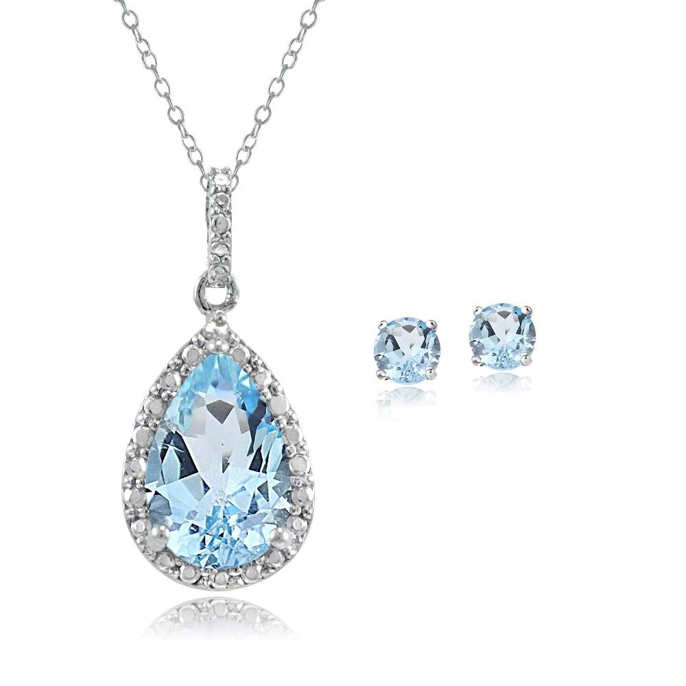 Silver Diamond Earrings
 925 Silver 4 3ct Blue Topaz & Diamond Teardrop Necklace