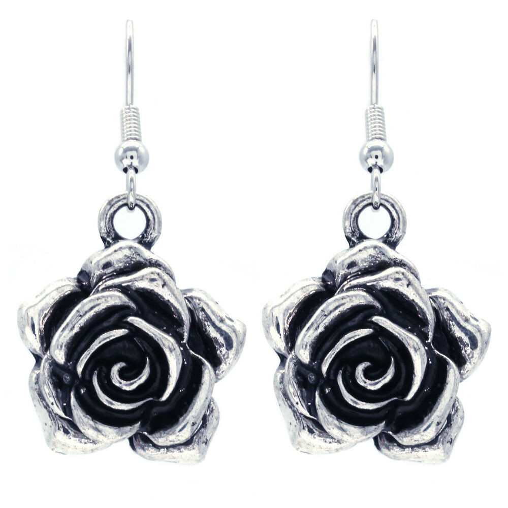 Silver Diamond Earrings
 Vintage Antique Style Rose Flower Dangle Earrings Silver
