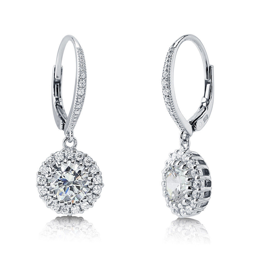 Silver Diamond Earrings
 BERRICLE Sterling Silver Round Cut CZ Halo Leverback