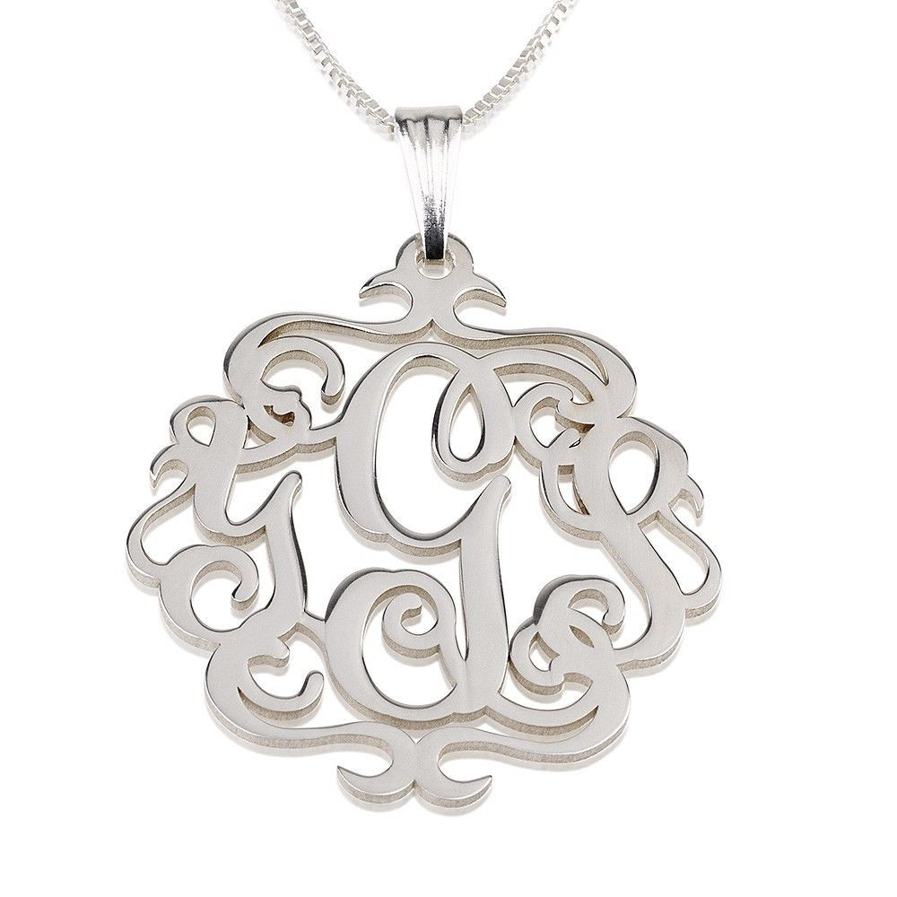 Silver Monogram Necklace
 Personalized Swirly Monogram Necklace Sterling Silver 1