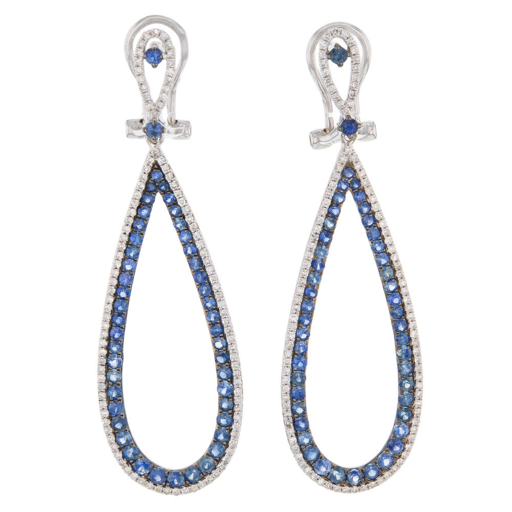 Tear Drop Earrings
 18K White Gold Diamond Blue Sapphire Teardrop Earring