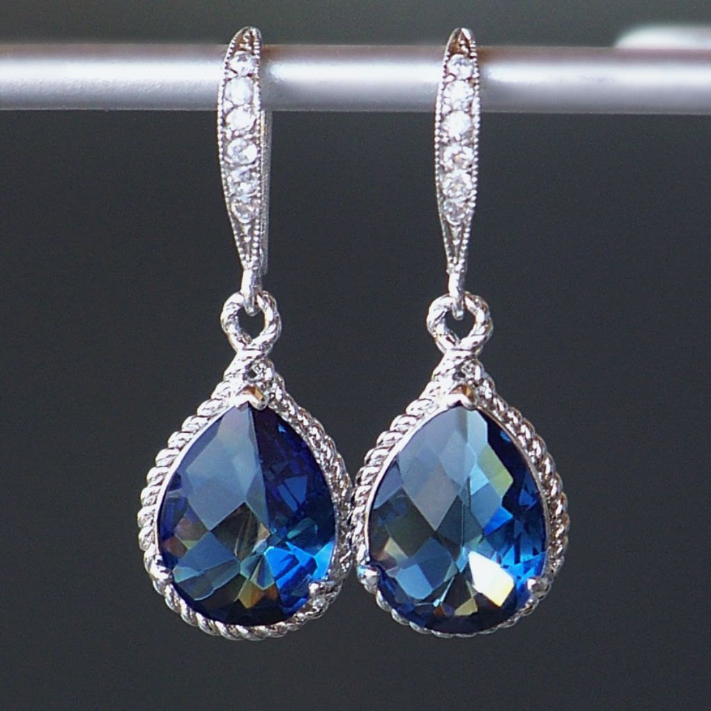 Tear Drop Earrings
 Sapphire Blue Crystal Teardrop Earrings in Silver
