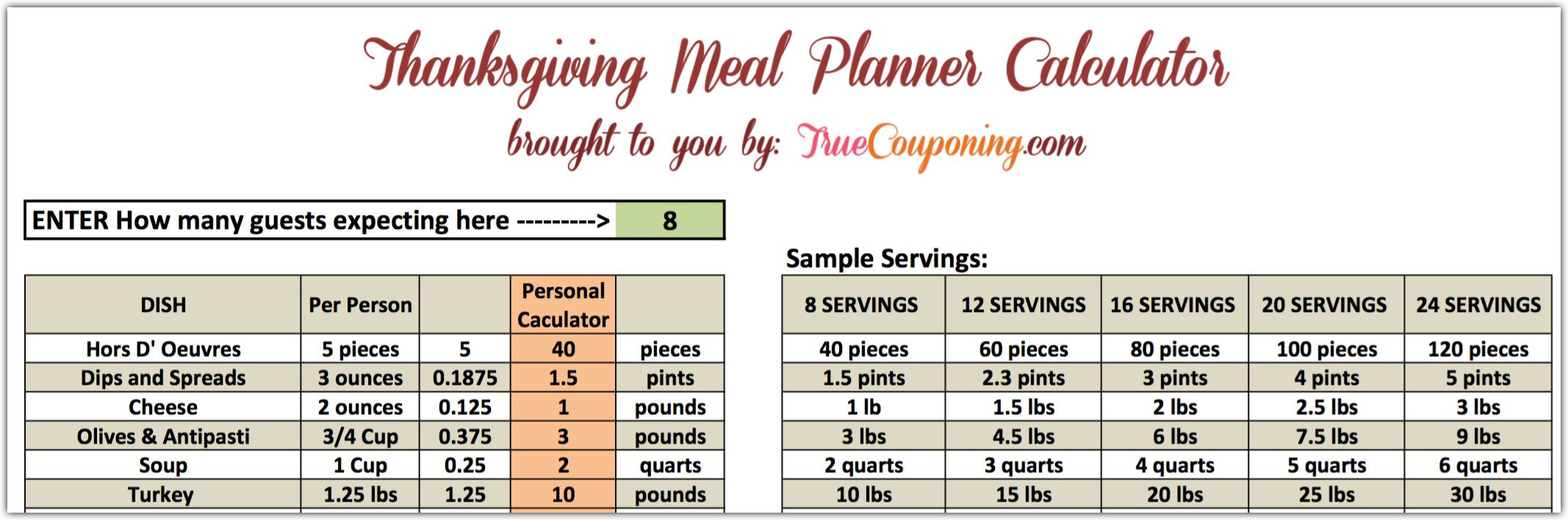 Thanksgiving Food Calculator
 FREE Download Thanksgiving Meal Planner Calculator