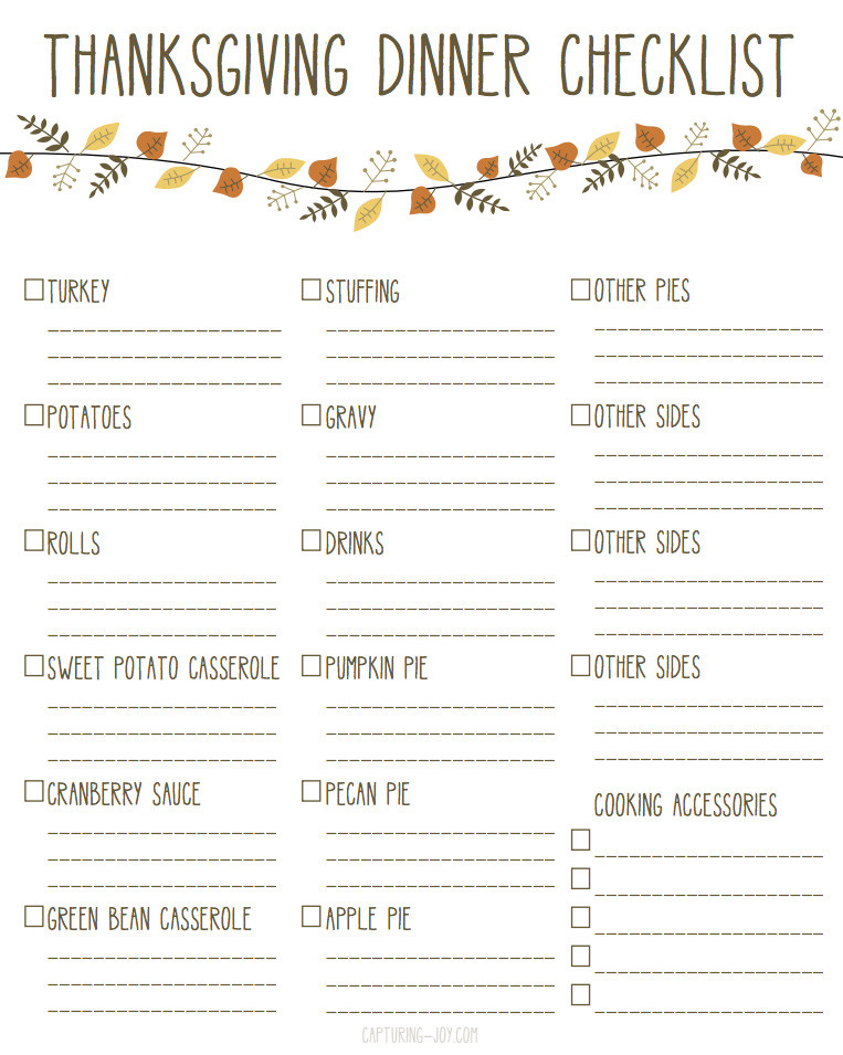 Thanksgiving Food List
 Printable Thanksgiving Dinner Checklist and Recipes