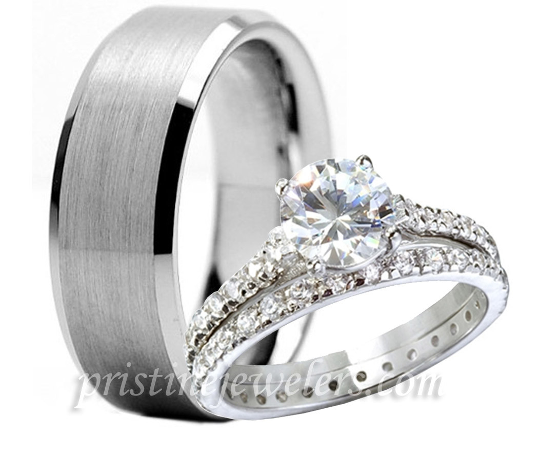 Wedding Rings For Men And Women
 3pc His Hers Tungsten 925 Sterling Silver Engagement
