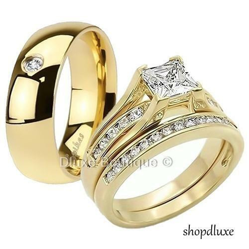 Wedding Rings For Men And Women
 HIS HERS 3 PIECE MEN S WOMEN S 14K GOLD PLATED WEDDING
