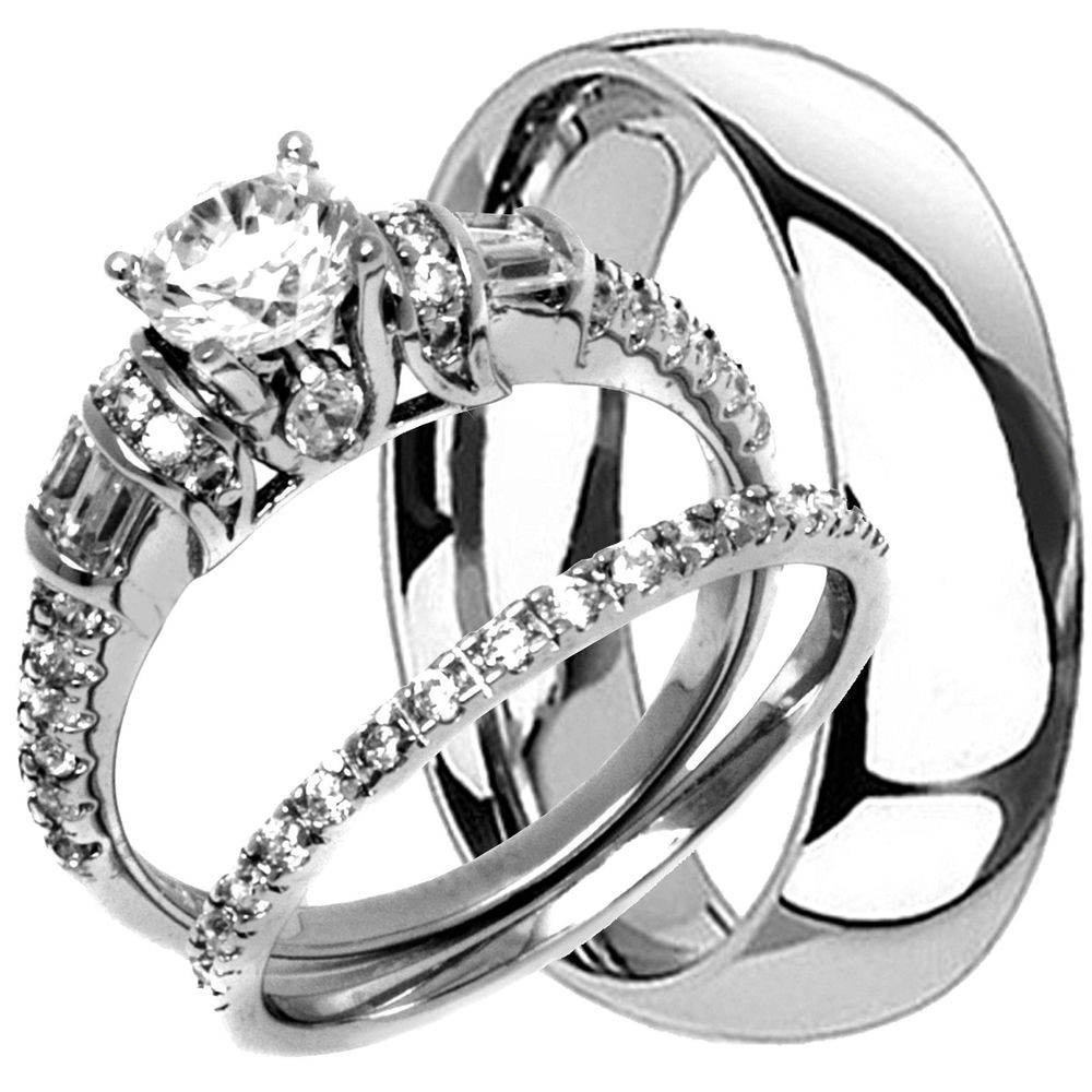 Wedding Rings For Men And Women
 TITANIUM Mens Band and 2 pc Womens Engagement Wedding CZ