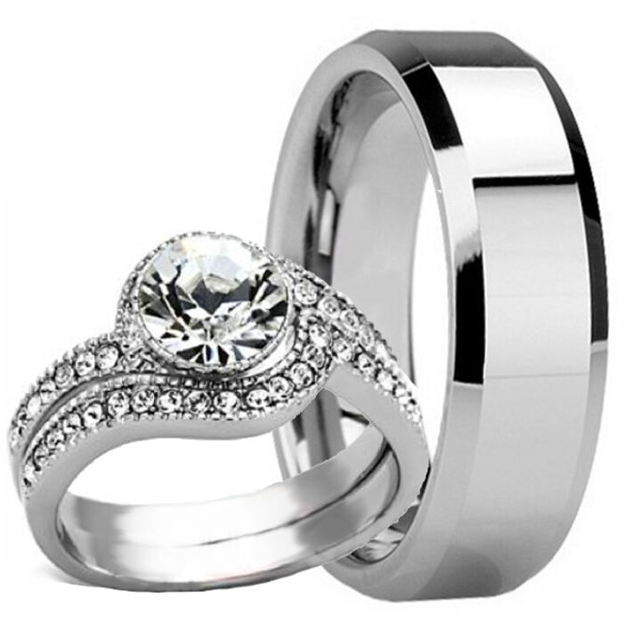Wedding Rings For Men And Women
 3 PC His Hers Mens TUNGSTEN 8MM Band and Womens Engagement