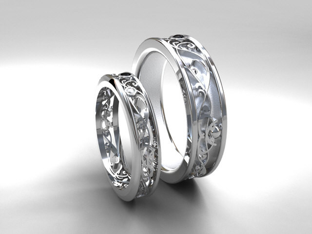 Wedding Rings For Men And Women
 Filigree Wedding band set white gold Black diamond wedding