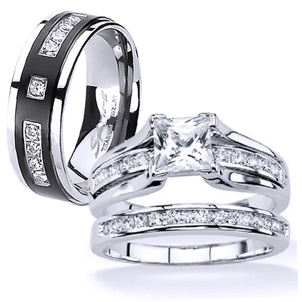 Wedding Rings His And Hers Sets
 His and Hers Stainless Steel Princess Cut Wedding Ring Set