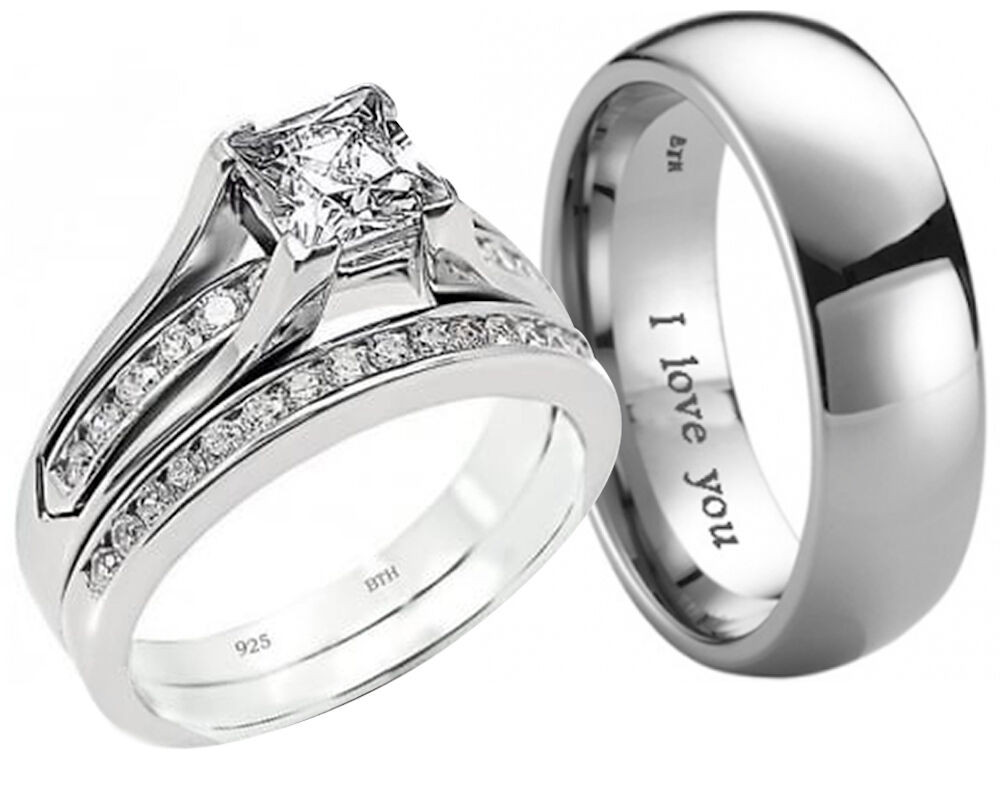 Wedding Rings His And Hers Sets
 New His And Hers Titanium 925 Sterling Silver Wedding